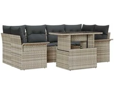 Lauko baldų komplektas Sodo Sofų Rinkinys su pagalve 7 pcs Šviesiai pilka Poli ratanas