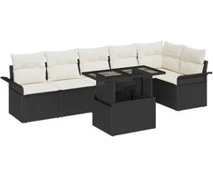 Lauko baldų komplektas Sodo Sofų Rinkinys su pagalve 7 pcs Juoda Poli ratanas
