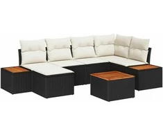 Lauko baldų komplektas Sodo Sofų Rinkinys su pagalve 7 pcs Juoda poliratanas