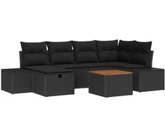 Lauko baldų komplektas Sodo Sofų Rinkinys su pagalve 7 pcs Juoda poliratanas