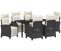 Lauko baldų komplektas Sodo valgomojo komplektas su pagalve 7 pcs Juoda poliratanas