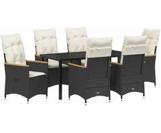 Lauko baldų komplektas Sodo valgomojo komplektas su pagalve 7 pcs Juoda poliratanas