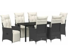 Lauko baldų komplektas Sodo valgomojo komplektas su pagalve 7 pcs Juoda poliratanas