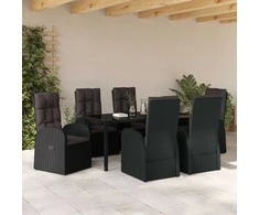 Lauko baldų komplektas Sodo valgomojo komplektas su pagalve 7 pcs Juoda poliratanas