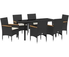 Lauko baldų komplektas Sodo valgomojo komplektas su pagalve 7 pcs Juoda poliratanas