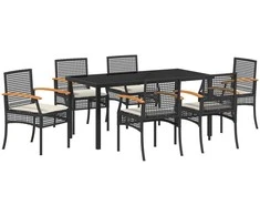 Lauko baldų komplektas Sodo valgomojo komplektas su pagalve 7 pcs Juoda Ratanas