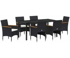 Lauko baldų komplektas Sodo valgomojo komplektas su pagalve 7 pcs Juoda poliratanas