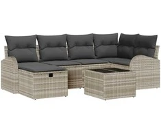 Lauko baldų komplektas Sodo Sofų Rinkinys su pagalve 7 pcs Šviesiai pilka Poli ratanas