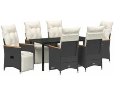 Lauko baldų komplektas Sodo valgomojo komplektas su pagalve 7 pcs Juoda poliratanas
