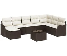Lauko baldų komplektas Sodo Sofų Rinkinys su pagalve 9 pcs Ruda ir balta Poli ratanas