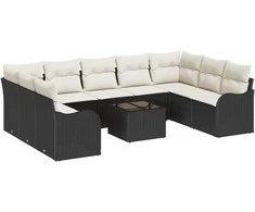 Lauko baldų komplektas Sodo Sofų Rinkinys 10 pcs Juoda ir balta Poli ratanas