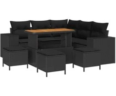 Lauko baldų komplektas Sodo Sofų Rinkinys su pagalve 9 pcs Juoda poliratanas