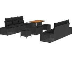 Lauko baldų komplektas Sodo Sofų Rinkinys su pagalve 9 pcs Juoda poliratanas