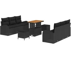 Lauko baldų komplektas Sodo Sofų Rinkinys su pagalve 9 pcs Juoda poliratanas
