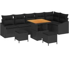 Lauko baldų komplektas Sodo Sofų Rinkinys su pagalve 9 pcs Juoda poliratanas