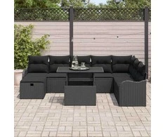 Lauko baldų komplektas Sodo Sofų Rinkinys su pagalve 9 pcs Juoda Poli ratanas