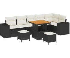Lauko baldų komplektas Sodo Sofų Rinkinys su pagalve 9 pcs Juoda poliratanas