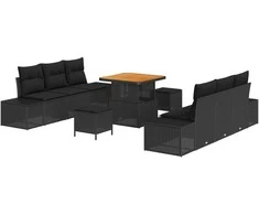Lauko baldų komplektas Sodo Sofų Rinkinys su pagalve 9 pcs Juoda poliratanas