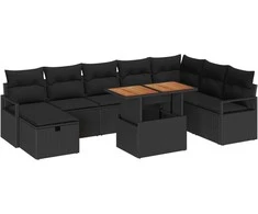 Lauko baldų komplektas Sodo Sofų Rinkinys su pagalve 9 pcs Juoda poliratanas