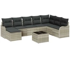 Lauko baldų komplektas Sodo Sofų Rinkinys su pagalve 9 pcs Šviesiai pilka Poli ratanas
