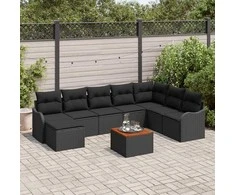 Lauko baldų komplektas Sodo Sofų Rinkinys su pagalve 9 pcs Juoda poliratanas