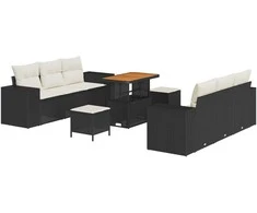 Sodo Sofų Rinkinys 9 pcs Juoda ir kreminė Poli ratanas