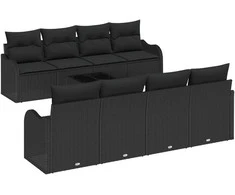 Sodo Sofų Rinkinys 9 pcs Juoda Poli Ratanas, Plienas ir Stiklas