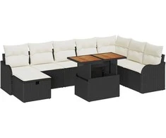 Lauko baldų komplektas Sodo Sofų Rinkinys su pagalve 9 pcs Juoda poliratanas