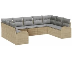 Lauko baldų komplektas Sofos komplektas su pagalve 9 pcs Smėlio Poli ratanas