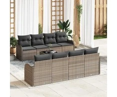 Sodo Sofų Rinkinys 9 pcs Pilka Poli Ratanas, Plienas ir Stiklas