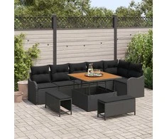 Lauko baldų komplektas Sodo Sofų Rinkinys su pagalve 9 pcs Juoda poliratanas