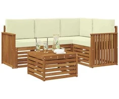 Lauko baldų komplektas Lauko sofos komplektas su pagalve 5 pcs Natūralus ir grietinėlė