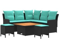 Baldų komplektai su pagalve 6 pcs Juoda ir turkio PE ratanas