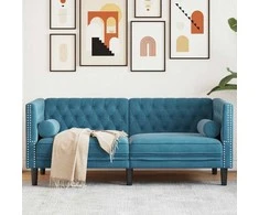 Dvivietė chesterfield sofa su pagalvėlėmis, mėlyna, aksomas