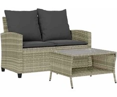 Dvivietė sodo sofa su pagalvėlėmis ir staliuku, šviesiai pilka