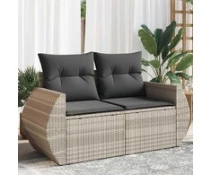 Dvivietė sodo sofa su pagalvėlėmis, šviesiai pilka, poliratanas