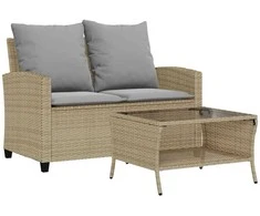 Dvivietė sodo sofa su staliuku ir pagalvėlėmis, smėlio spalvos
