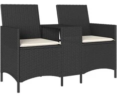 Dvivietė sodo sofa su staliuku ir pagalvėlėmis, juodos spalvos