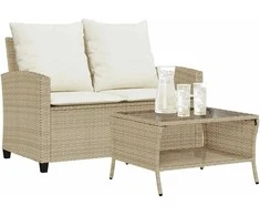Dvivietė sodo sofa su staliuku ir pagalvėlėmis, smėlio spalvos