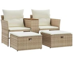 Dvivietė sodo sofa su taburetėmis, smėlio spalvos, poliratanas
