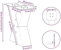 Kavos staliuko kojelės, X formos, 2 vnt., natūralus plienas, 40x(30-31) cm, plienas