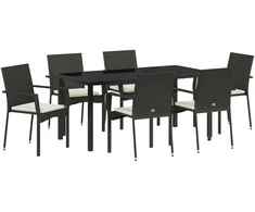 Lauko baldų komplektas Sodo valgomojo komplektas su pagalve 7 pcs Juoda poliratanas