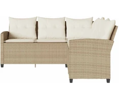 Lauko baldų komplektas L formos sofa su pagalvėlėmis, smėlio spalvos, poliratanas