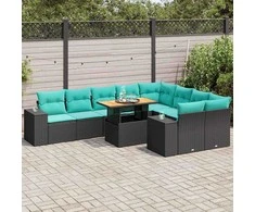 Lauko baldų komplektas Sodo komplektas su pagalvėlėmis, 10 dalių, juodas, poliratanas