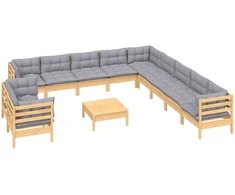 Lauko baldų komplektas Sodo komplektas su pilkomis pagalvėmis, 12 dalių, pušis