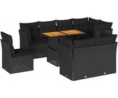 Lauko baldų komplektas Sodo komplektas su pagalvėlėmis, 9 dalių, juodas, poliratanas