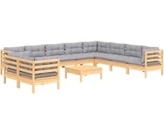 Sodo komplektas su pilkomis pagalvėmis, 11 dalių, pušis