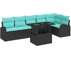 Lauko baldų komplektas Sodo Sofų Rinkinys su pagalve 7 pcs Juoda Poli ratanas