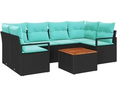 Lauko baldų komplektas Sodo Sofų Rinkinys su pagalve 7 pcs Juoda poliratanas