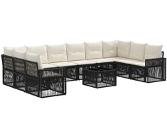 Lauko baldų komplektas Sodo Sofų Rinkinys 11 pcs Juoda ir kreminė balta poliratanas